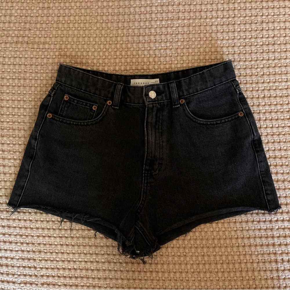 Topshop Black Denim Jean Shorts High Rise Frayed Hem - US Size 6